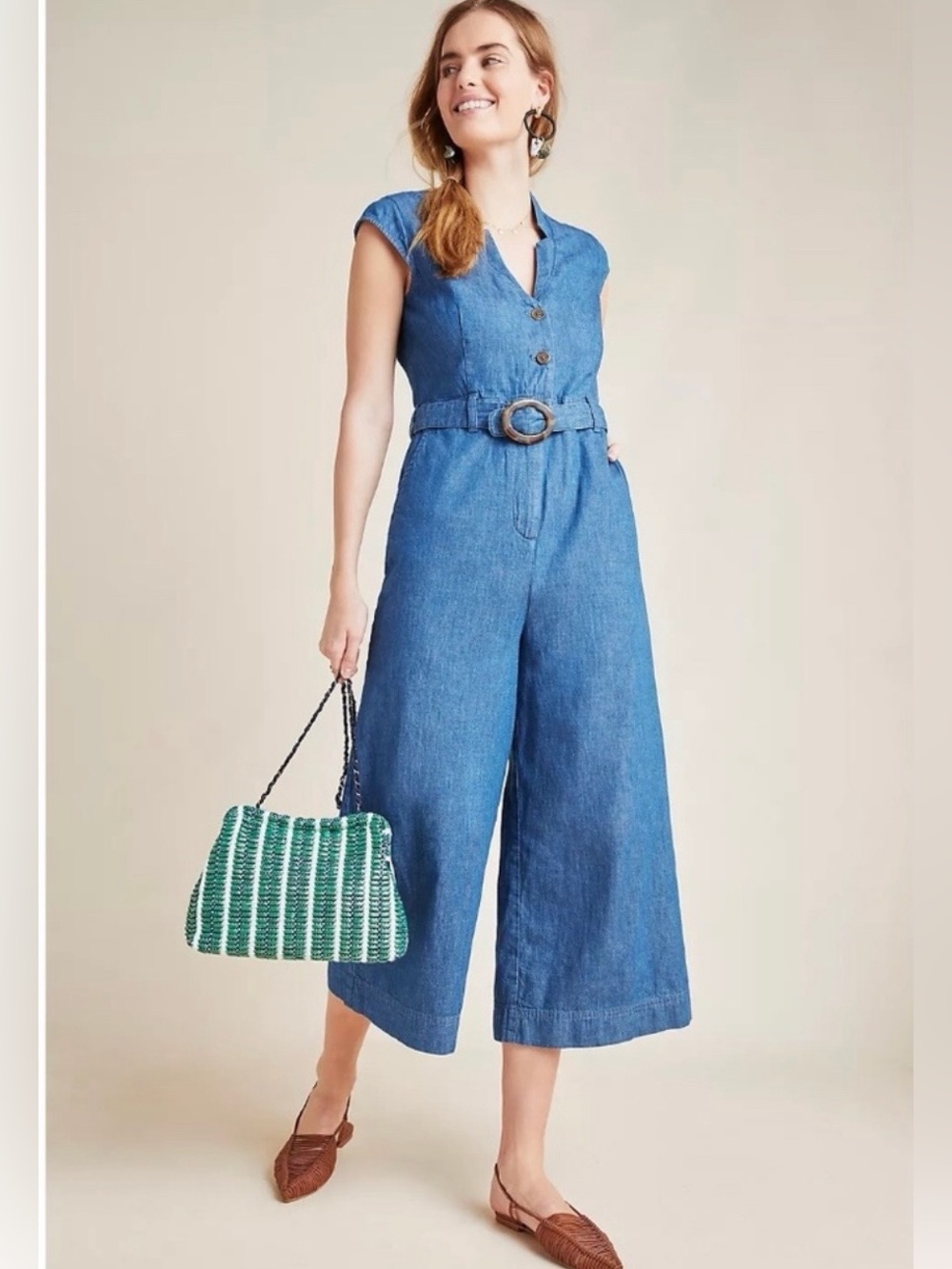 Anthropologie Pilcro Jinxed Cotton Denim Wide Leg Belted Jumpsuit Size 2